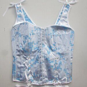 Blue White Asian Satin Jacquard Corset Bustier Set - NEW